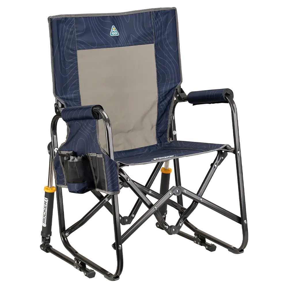 Ultra-Comfortable Stowaway Rocker - Camp Rocker Chair for Fishing & Beach Trips - Navy Topo