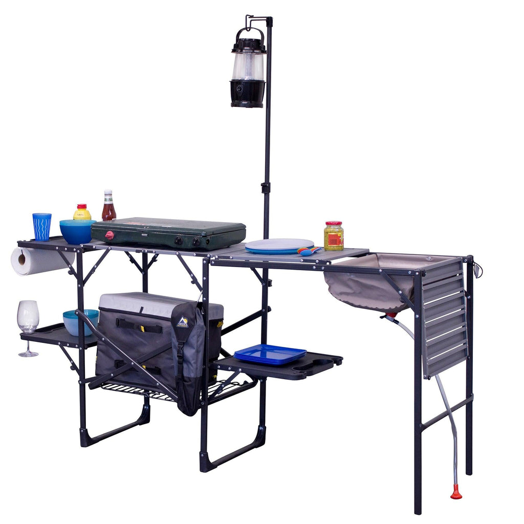 Portable Outdoor Master Cook Station - Folding Camping Table with Storage Shelves Detail