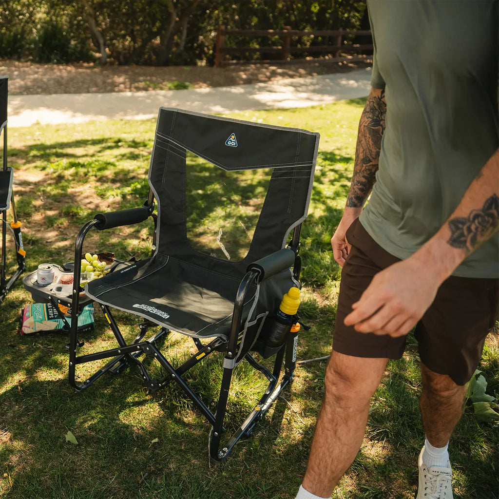 Foldable Stowaway Rocker with Side Table - Camp Rocker Chair for Fishing & Beach Trips Detail