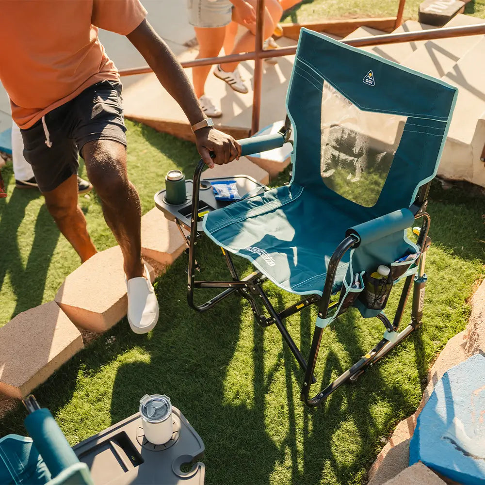 Foldable Stowaway Rocker with Side Table - Camp Rocker Chair for Fishing & Beach Trips Detail