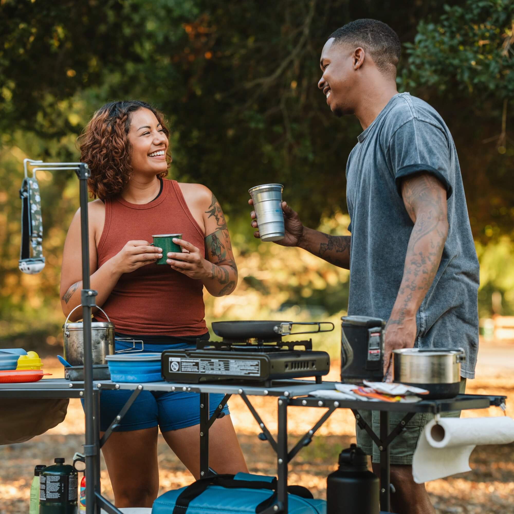 Portable Outdoor Master Cook Station - Folding Camping Table with Storage Shelves Detail