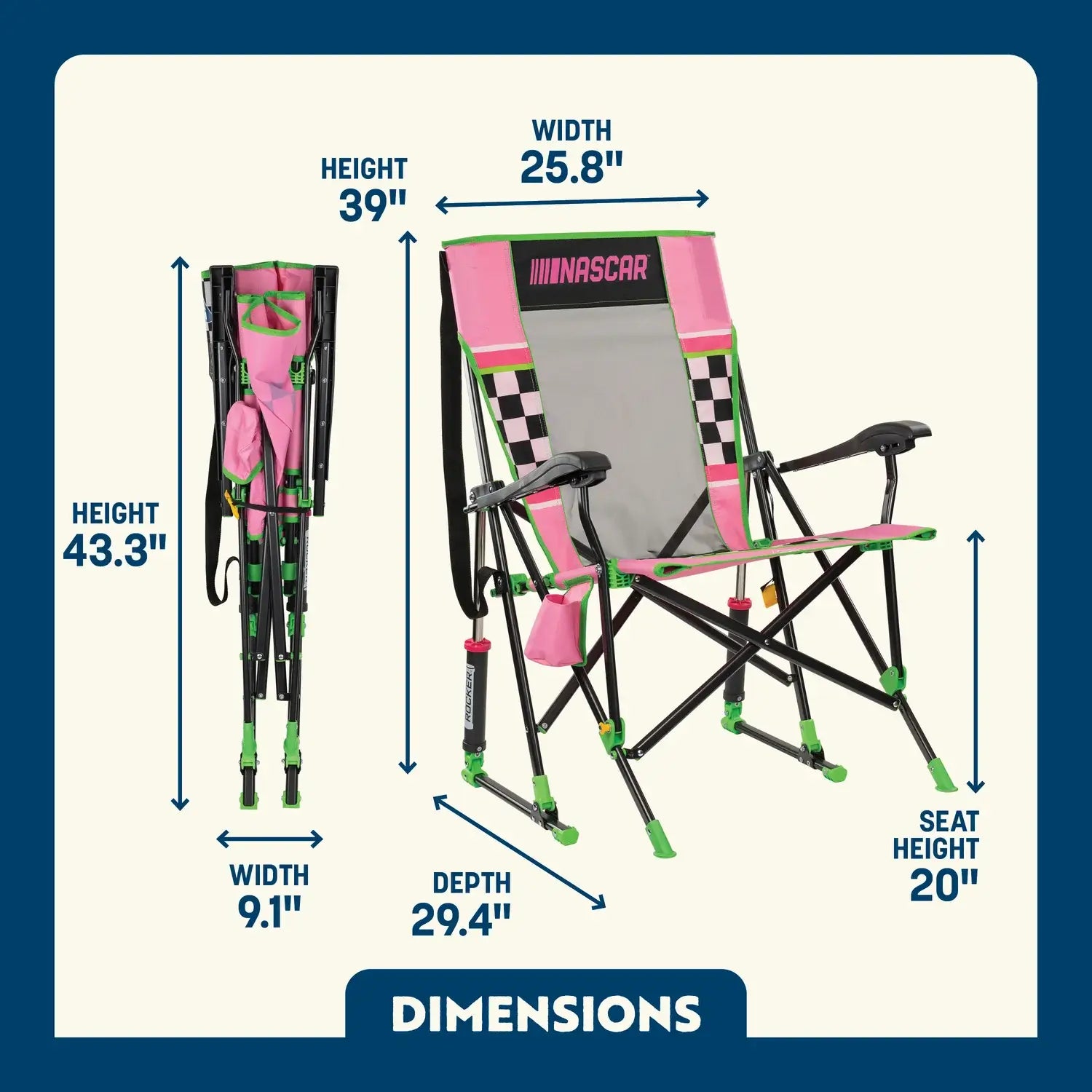 Heavy Duty NASCAR RoadTrip Rocker - Pink - Folding Rocking Chair - Perfect for Tailgating Detail