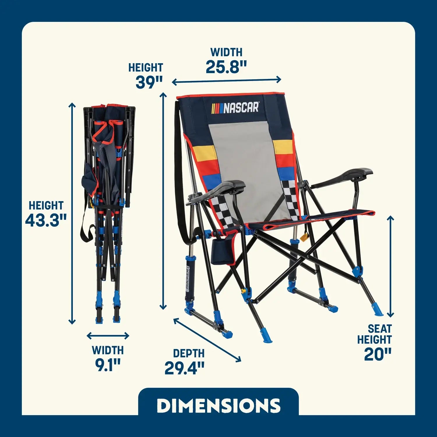 Premium All-Weather NASCAR RoadTrip Rocker - Blue - Camp Rocker Chair for Fishing & Beach Trips Detail