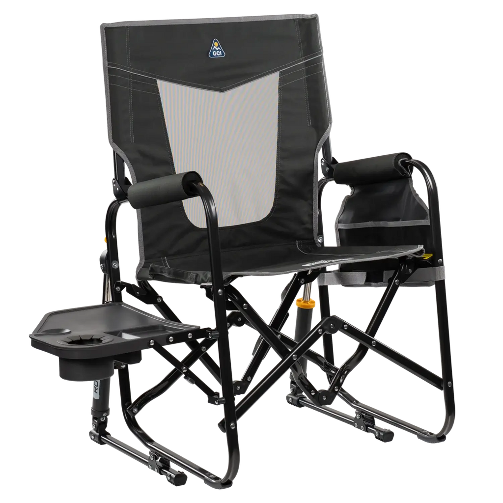 Foldable Stowaway Rocker with Side Table - Camp Rocker Chair for Fishing & Beach Trips - Dark Charcoal