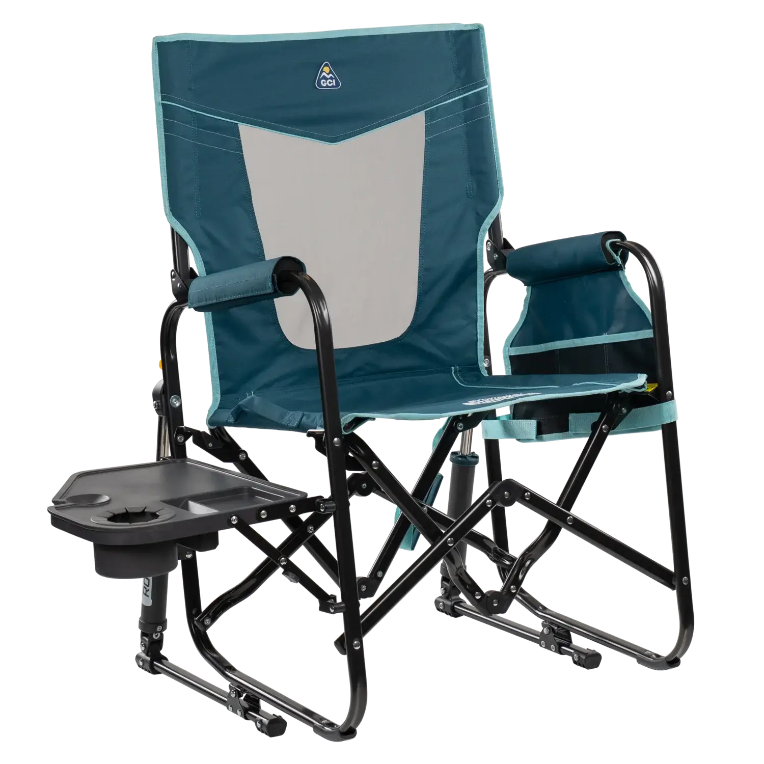 Foldable Stowaway Rocker with Side Table - Camp Rocker Chair for Fishing & Beach Trips - Teal